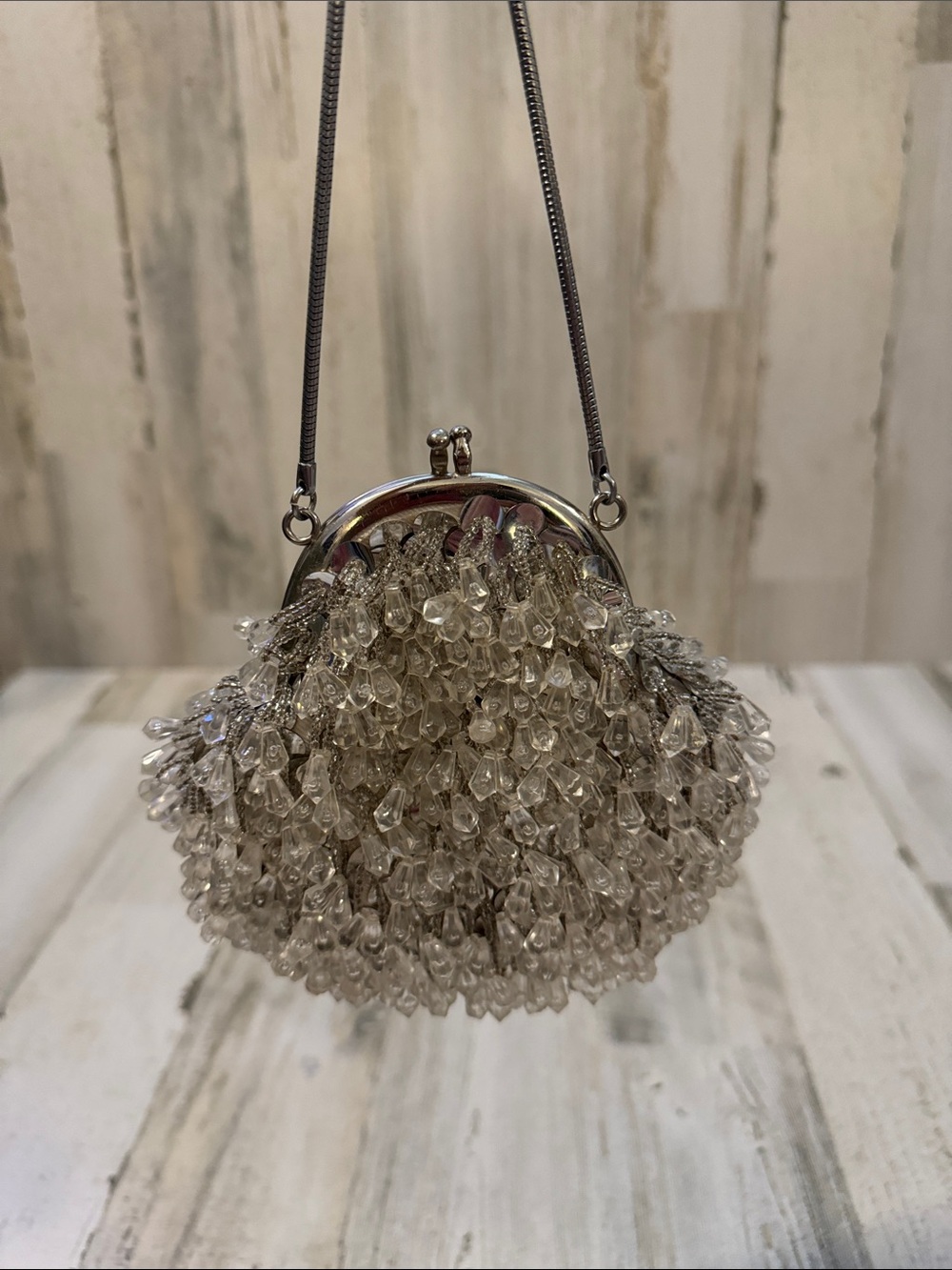 Vintage Clear Tear Drop Seed Beaded Silver Sequin Silvertone Chain Bag Hong Kong